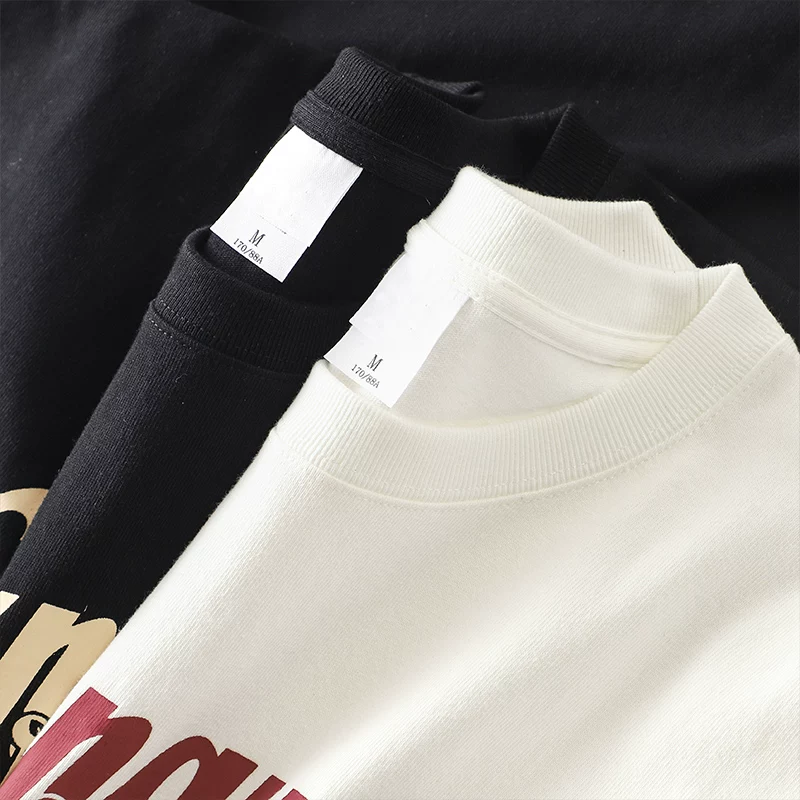 OMZM áo thun in hình tên lửa nguyên bản 320G nặng tay dài tay áo thun nam mùa xuân thu cổ tròn áo thun cotton dáng rộng áo sơ mi đáy rộng