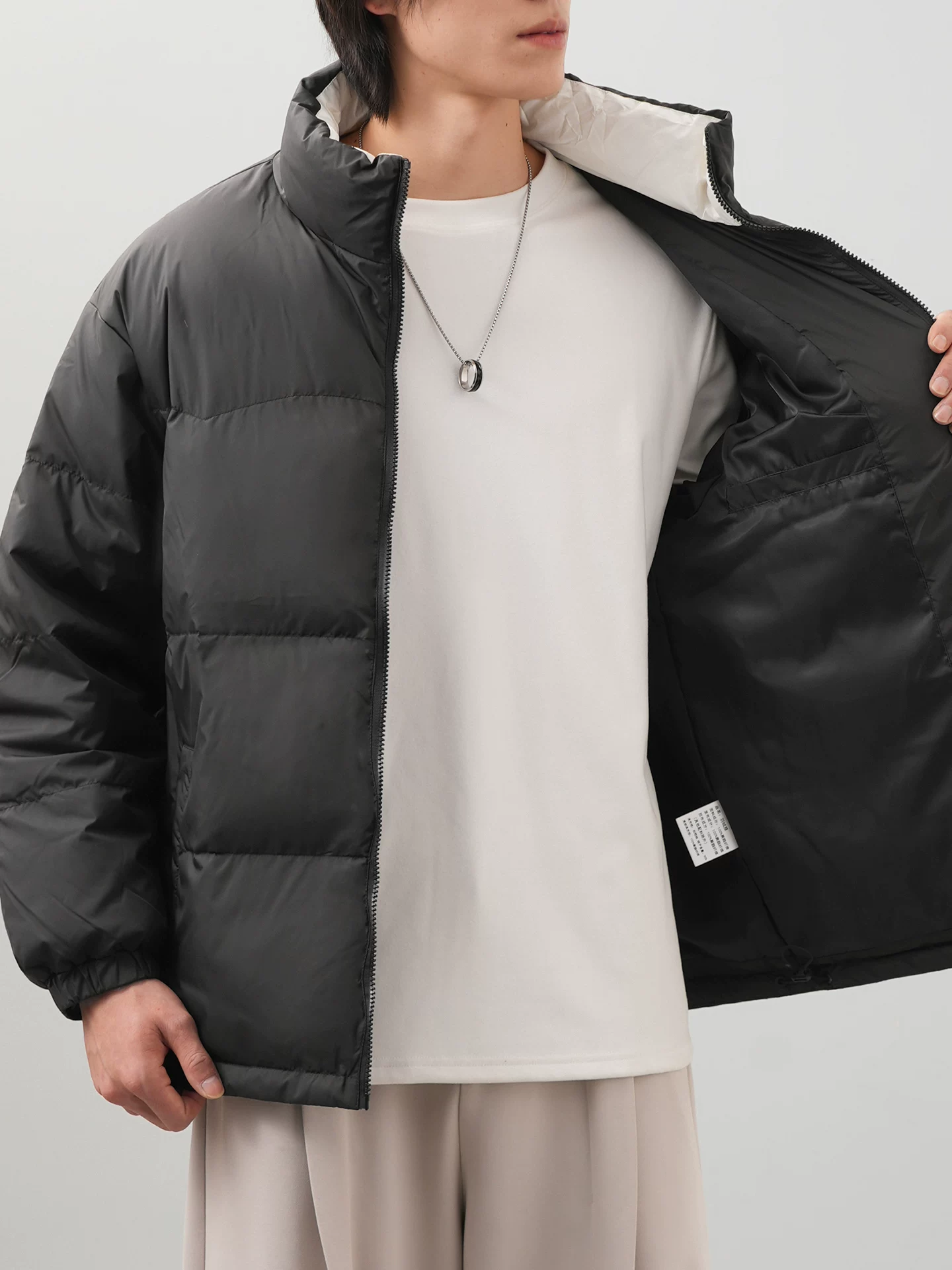 Áo khoác cổ đứng lông vũ OMZM90 dành cho nam, kiểu dáng mùa đông nhẹ nhàng, áo khoác đôi ngoài trời chống gió và ấm áp, phong cách và sành điệu.