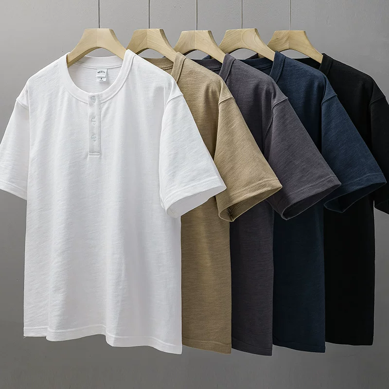 Áo thun nam cổ henley tay ngắn 400G, phong cách casual mùa hè kiểu Mỹ, áo henley cotton nguyên chất retro Mỹ
