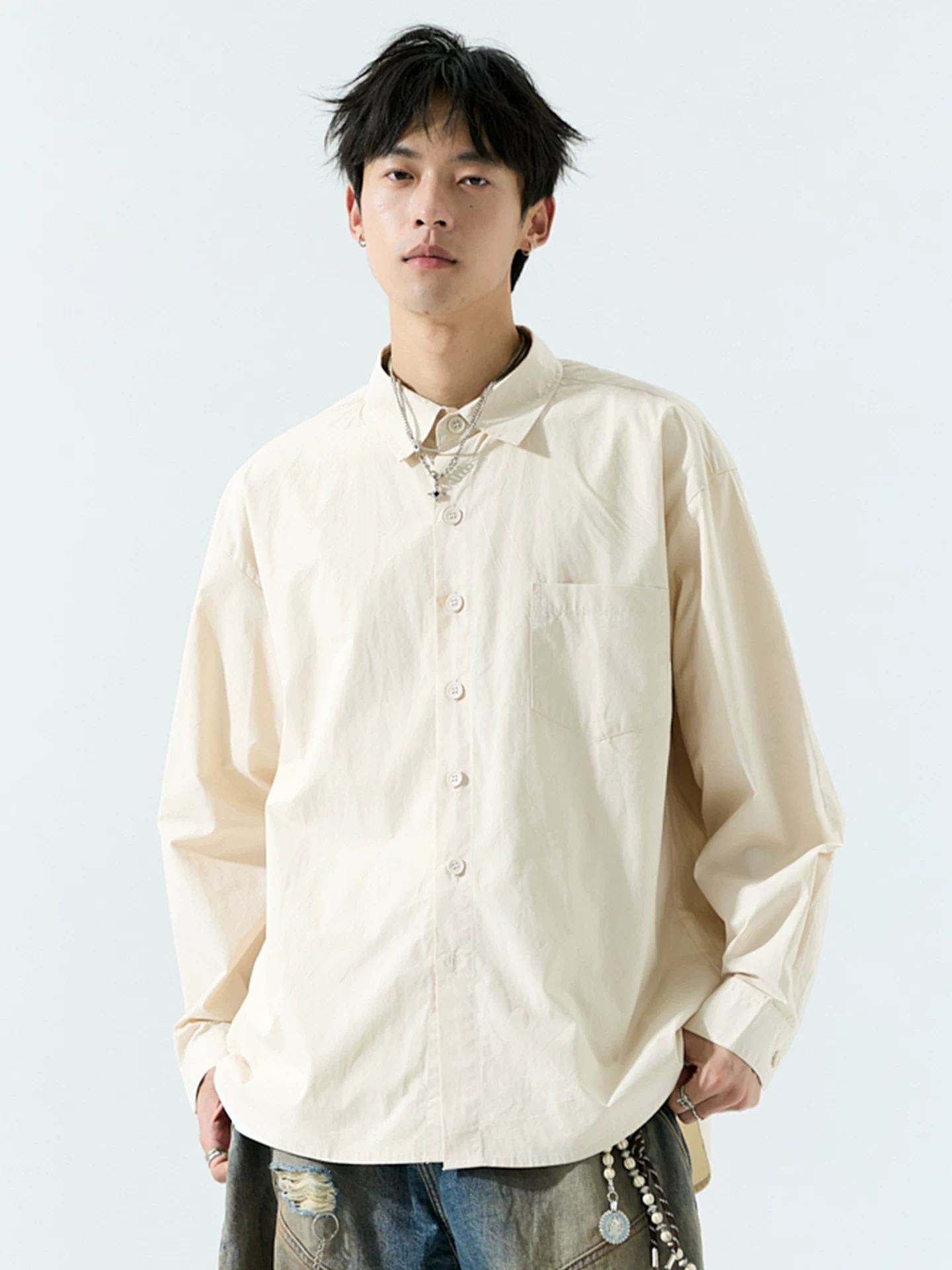 Áo sơ mi dài tay bằng cotton nguyên chất hạng nặng OMZM dành cho nam, áo sơ mi có túi dáng rộng phong cách Nhật Bản mùa thu, áo khoác bảo hộ lao động màu trơn cổ bẻ