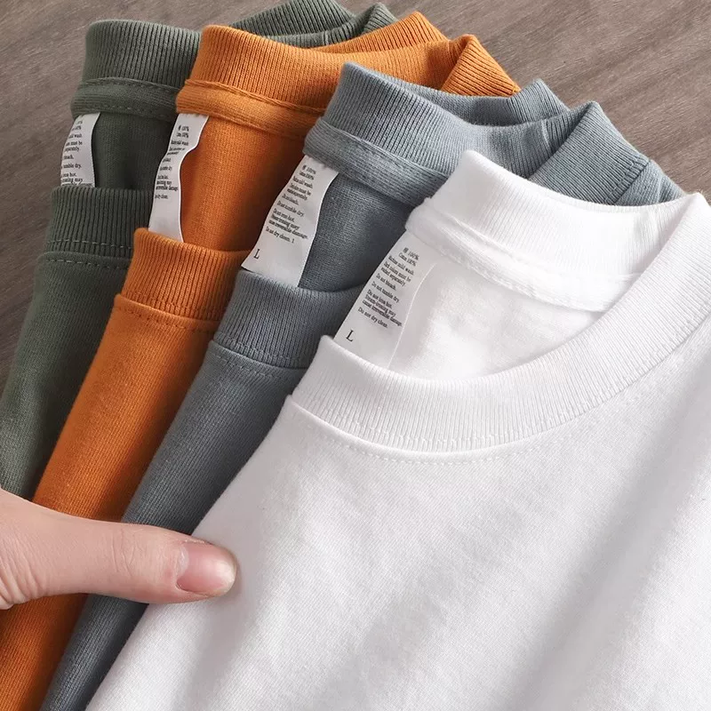 Áo thun dài tay hạng nặng 300g kiểu Mỹ dành cho nam và nữ, áo len cổ tròn bằng cotton nguyên chất mùa xuân và mùa thu, áo sơ mi màu trắng trơn màu rộng rãi