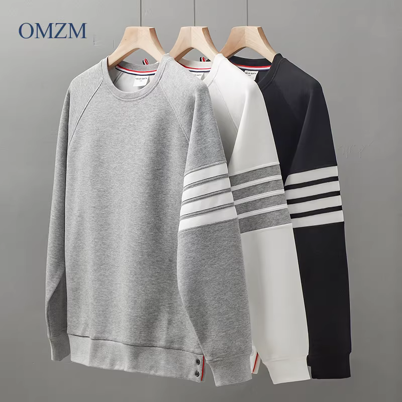 Áo len cổ tròn hạng nặng kiểu Mỹ của OMZM dành cho nam, áo chui đầu bốn sọc mùa đông, áo khoác thể thao thông thường bằng vải cotton pique