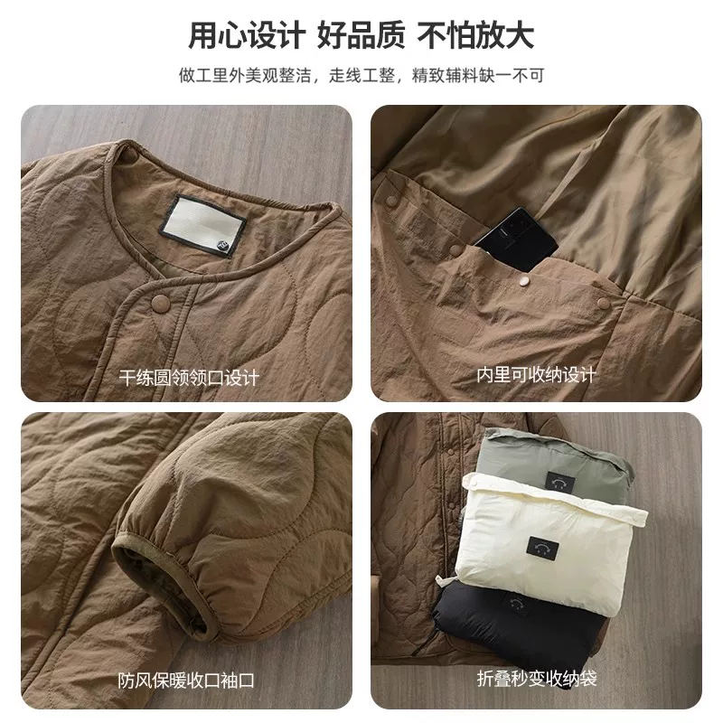 Áo khoác cotton không cổ cho nam, áo khoác cotton dày dặn ấm áp mùa đông, áo khoác cotton nhỏ nhẹ họa tiết kim cương xếp lớp cổ điển.