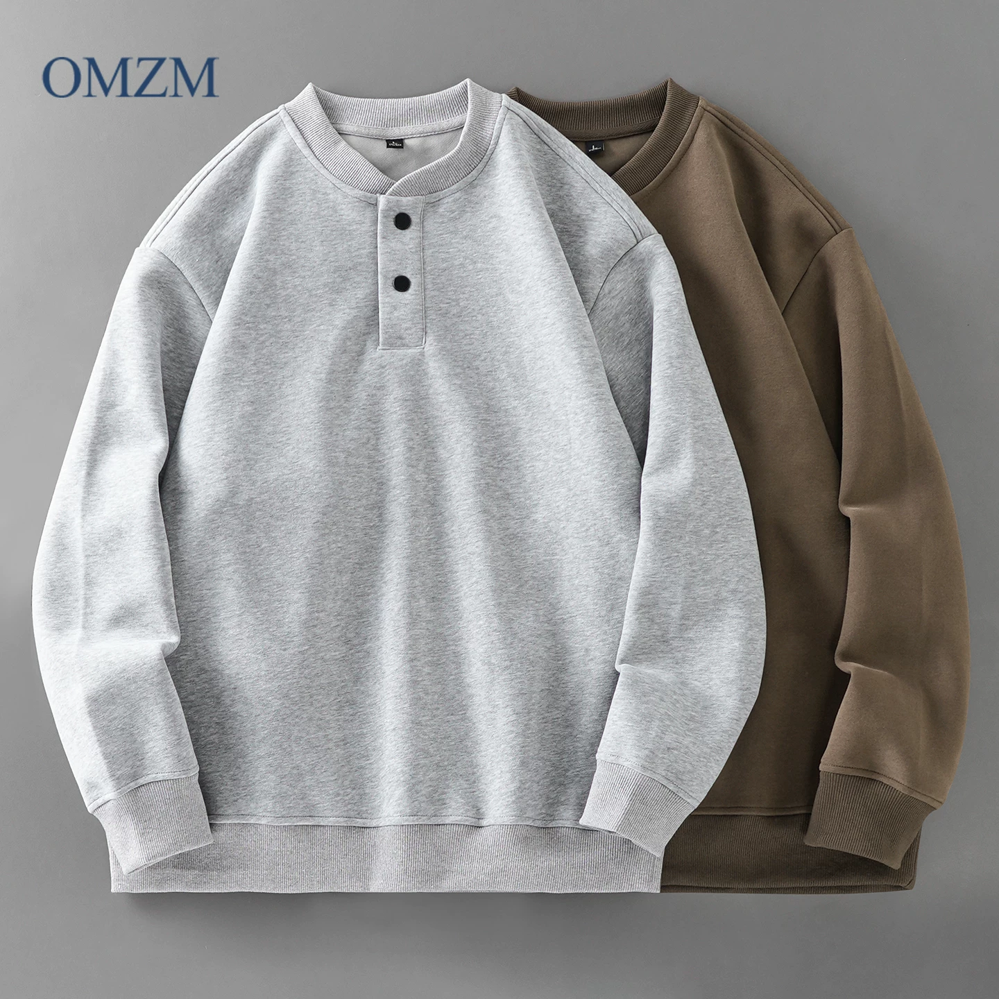 Áo len cổ lọ bóng chày hạng nặng OMZM420G dành cho nam, áo khoác nửa khóa kéo không mũ màu trơn phong cách retro Mỹ mùa thu