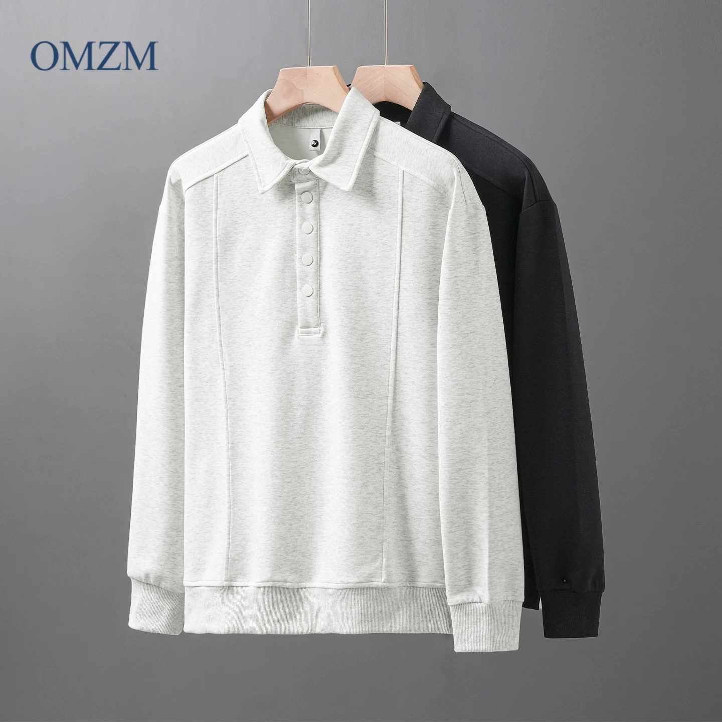 Áo nỉ POLO hạng nặng OMZM310G dành cho nam, áo chui đầu dài tay có cổ cao cấp mùa thu, áo khoác màu trơn kiểu Mỹ