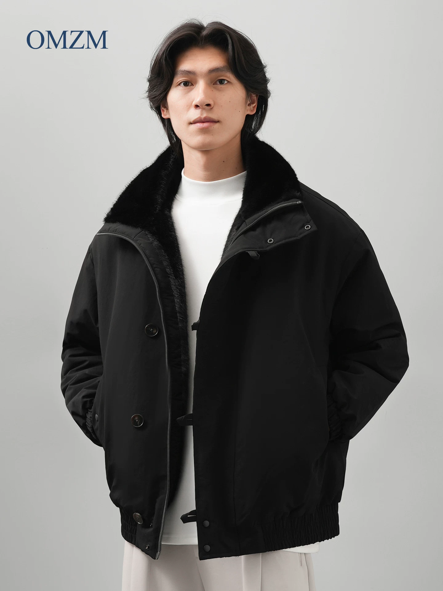 Áo khoác cotton lót lông cừu có thể đảo ngược OMZM dành cho nam, mùa thu đông, phong cách cổ điển Mỹ, dáng rộng, ấm áp, cổ áo lật, áo khoác bảo hộ lao động, dáng rộng.