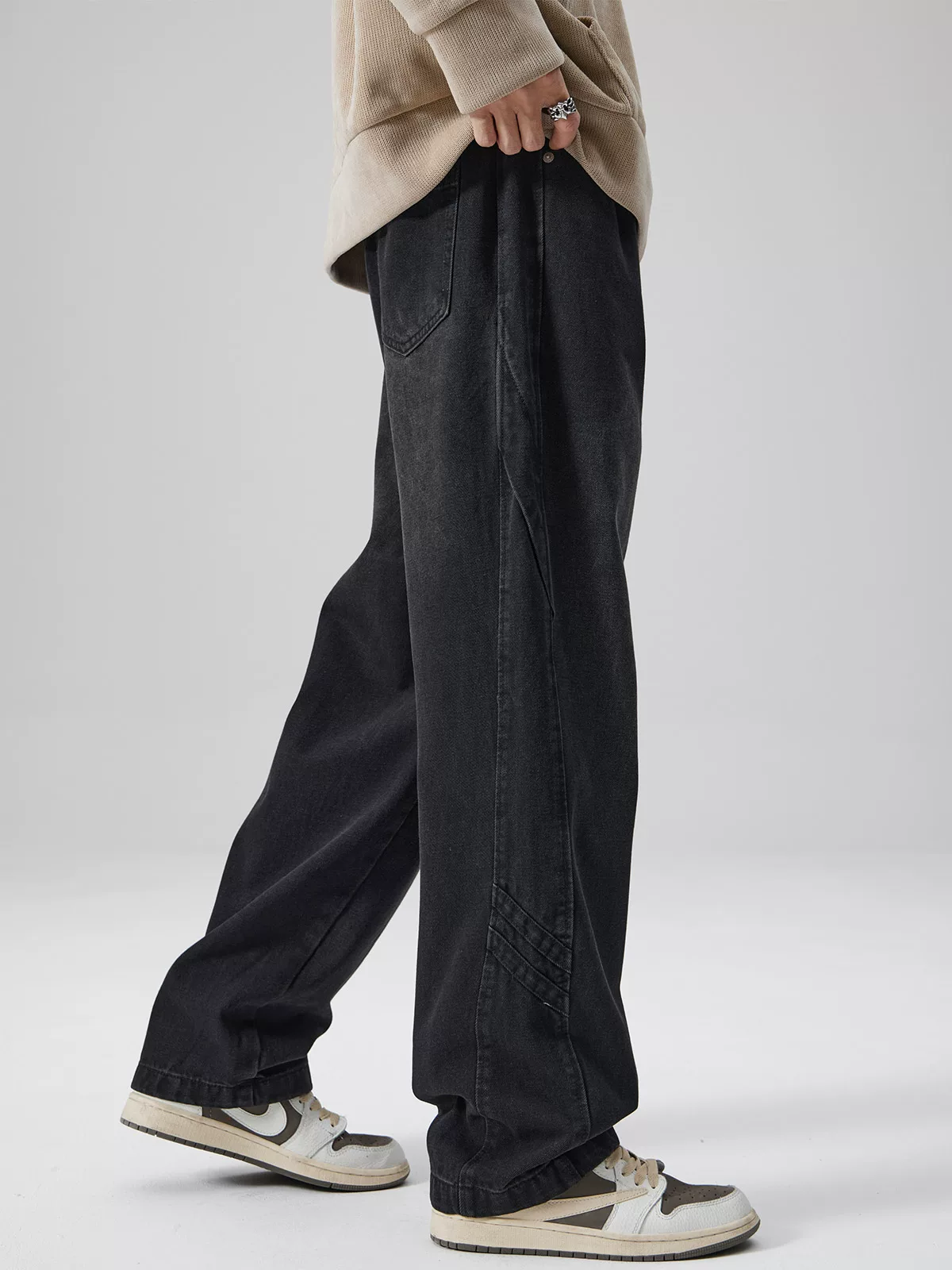 Quần jean cổ điển giặt kiểu Mỹ của OMZM dành cho nam, quần dài ống thẳng dáng rộng mùa xuân thu, quần công sở chắp vá hợp thời trang