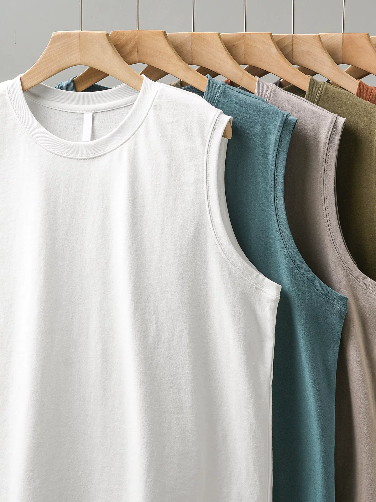 Áo ba lỗ nam cotton 100% dày dặn kiểu Mỹ 260G, mùa hè 2024, kiểu dáng rộng, cổ tròn, thể thao, màu trơn