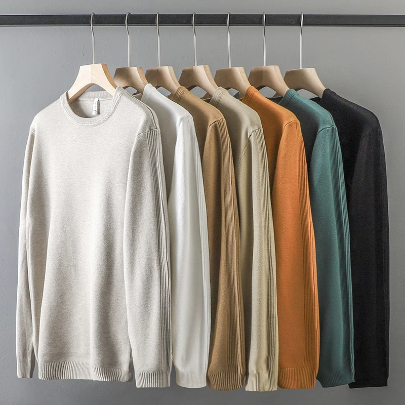 Áo len cổ tròn màu trơn kiểu Mỹ dành cho nam, áo len dệt kim đa năng hợp thời trang thu đông mới dành cho nam.