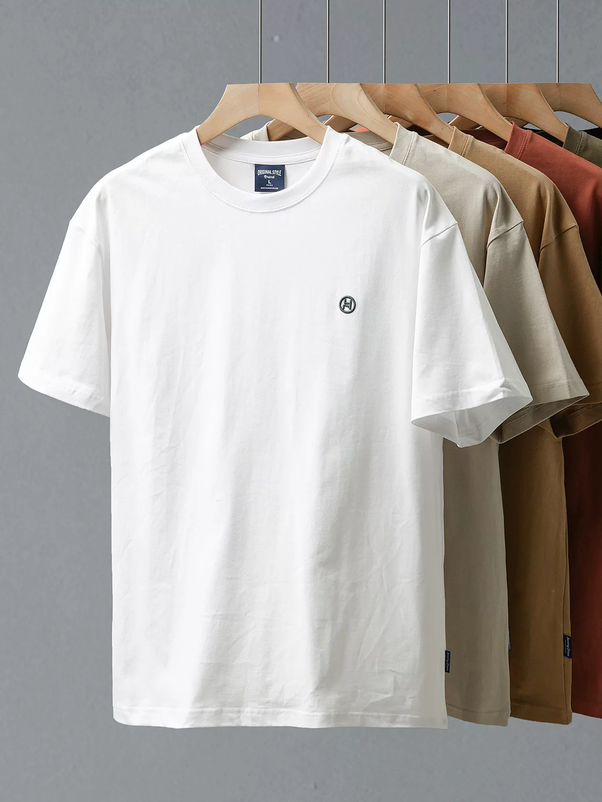 Áo thun ngắn tay cotton nguyên chất hạng nặng OMZM280G dành cho nam, áo thun cổ tròn dáng rộng thêu chữ cổ điển mùa hè hợp thời trang