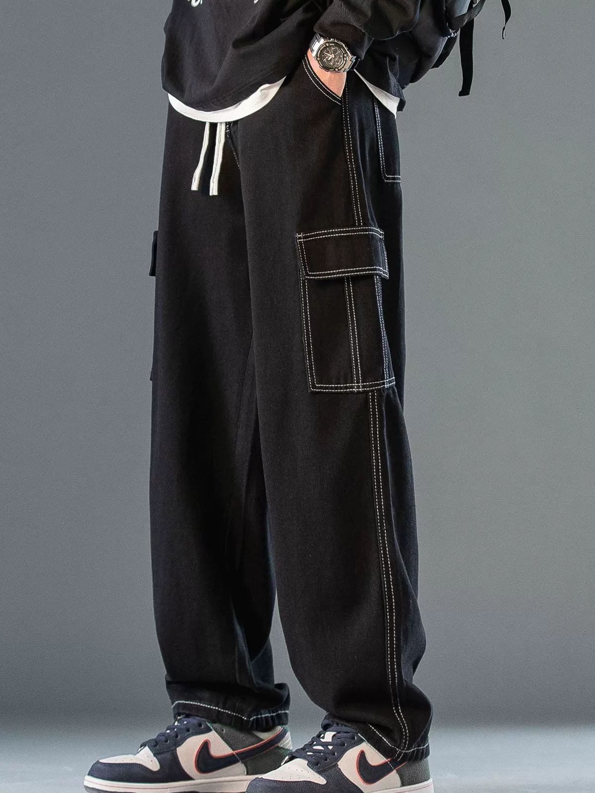 Quần jean denim nhiều túi hạng nặng OMZM dành cho nam, quần ống thẳng kiểu đường phố Mỹ mùa xuân và mùa thu, quần dài có dây rút được giặt và làm cũ