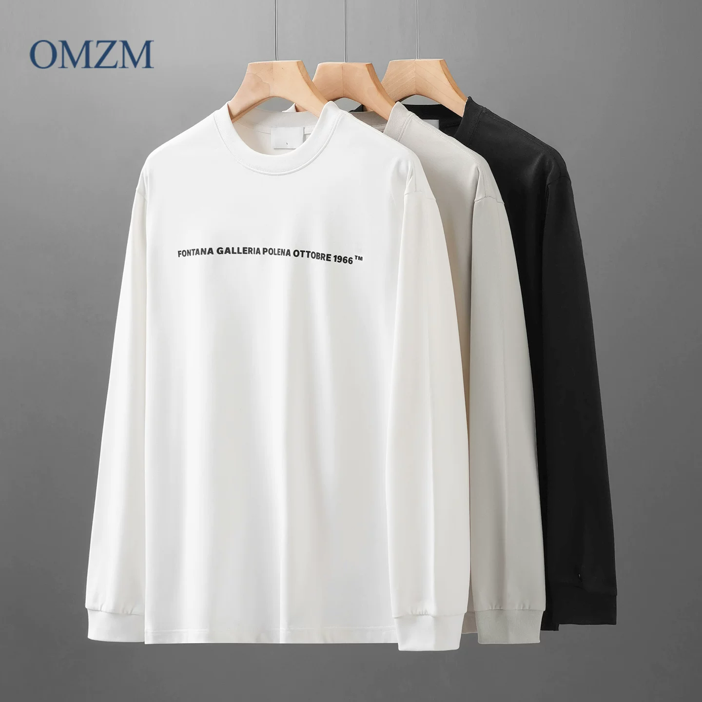 Áo thun dài tay hạng nặng OMZM250G dành cho nam, áo sơ mi nền trắng in chữ phong cách Nhật Bản mùa thu, áo chui đầu cổ tròn