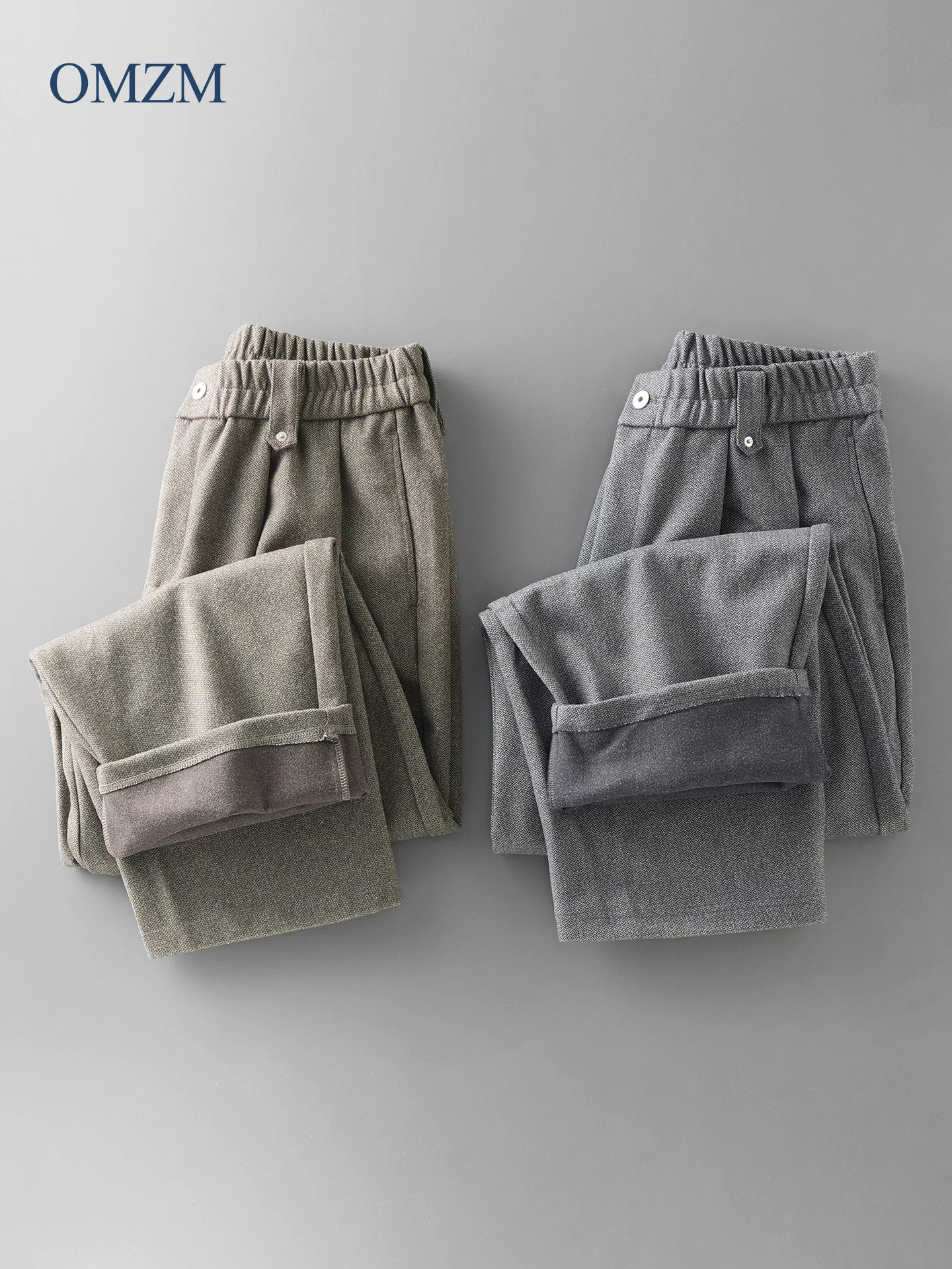 Quần âu nam chất liệu len dày OMZM, phong cách retro mùa thu đông kiểu Hồng Kông, quần ống đứng rộng, chất liệu dày dặn, mềm mại