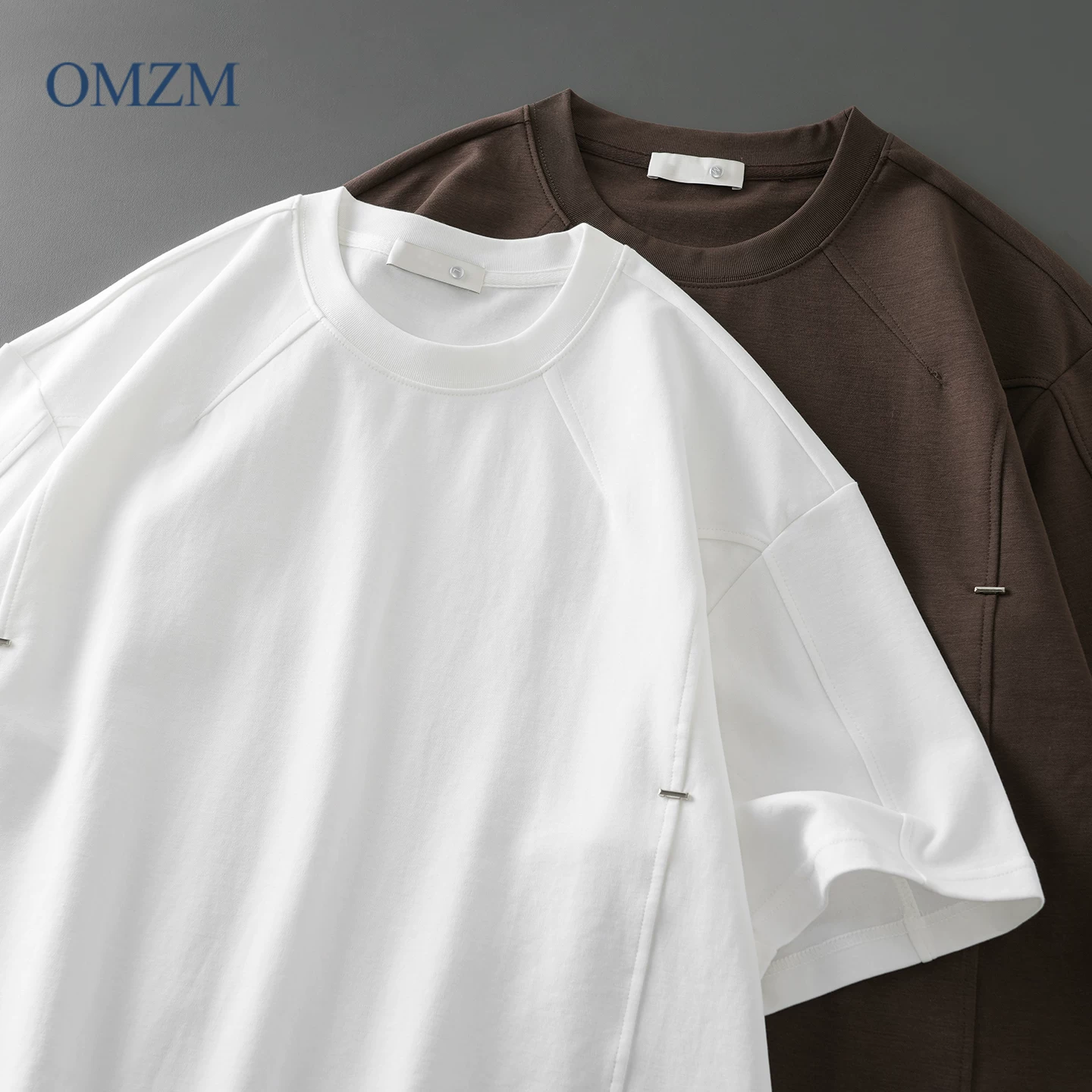 OMZM Áo thun cotton lụa mát lạnh nam ngắn tay mùa hè dáng rộng cổ tròn màu trơn nửa tay áo kiểu Mỹ cổ điển nối áo thun