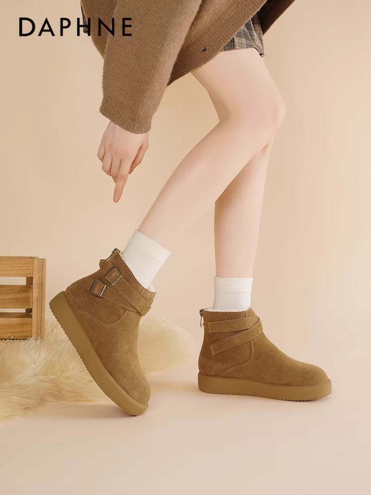 Giày bốt tuyết đế dày Daphne 2025 mới mùa đông lót lông cừu dày kiểu ngắn nữ, giày Birkenstock giữ ấm, giày bông Đông Bắc