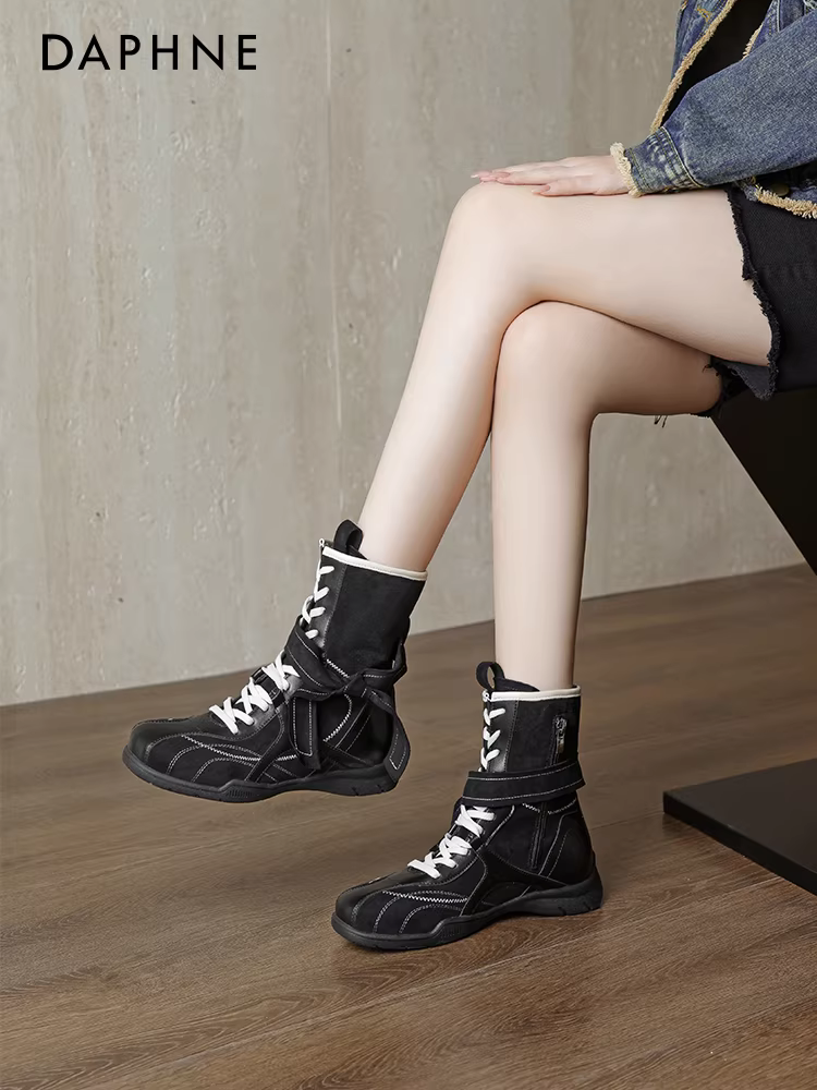 Giày bốt nâu Daphne Maillard dành cho nữ, giày bốt cổ điển lót lông mùa thu đông, giày bốt Martin kiểu mới 2025, giày bốt ngắn.