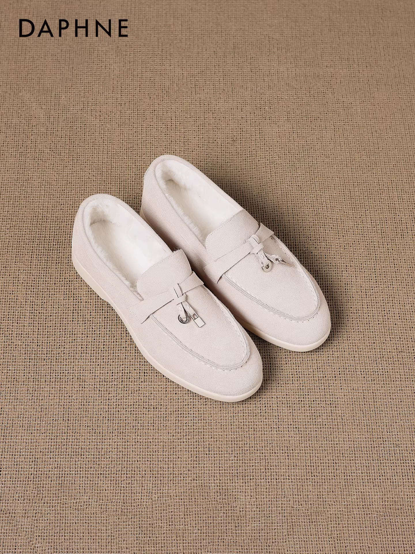 Giày lười lót lông Daphne dành cho nữ, mẫu mới mùa đông 2025, giày bệt dễ mang, giày cotton ấm áp, giày da nữ