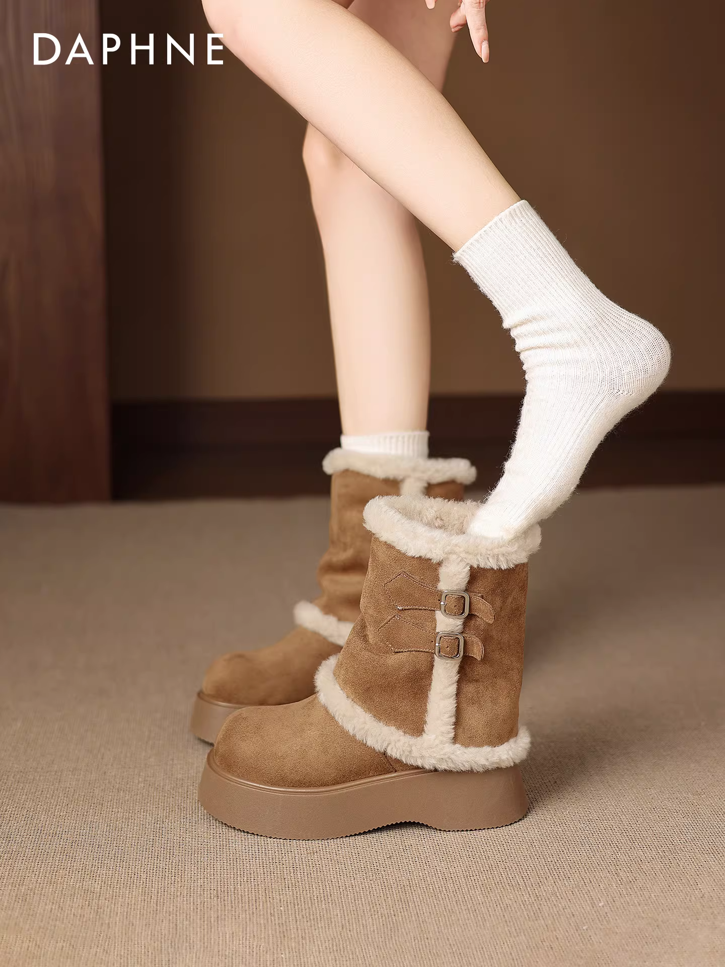 Giày bốt đi tuyết lót lông cừu Daphne dành cho nữ 2025, giày bốt mùa đông mới đế dày, bốt ngắn, bốt cao đến giữa bắp chân, giày bông ấm kiểu Birkenstock