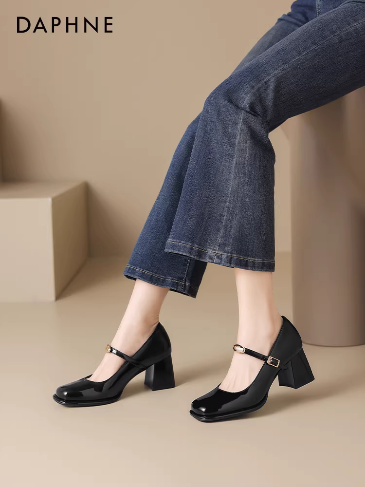 Giày nữ Daphne mũi nông kiểu đơn giản, mẫu mới thu 2025, phong cách Pháp thanh lịch, giày da đen gót thô, kiểu Mary Jane.