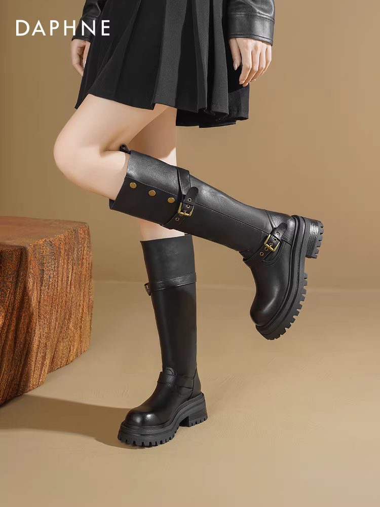 Giày bốt dài Daphne dành cho nữ 2025, mẫu mới thu đông, giày bốt Melard nữ đế dày màu đen, kiểu dáng hai trong một, giày bốt đi xe.