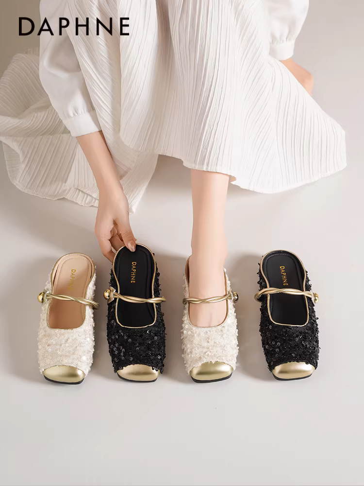 Giày mules mũi kín Daphne dành cho nữ, kiểu mới 2025, giày nữ đính sequin kiểu Mary Jane, giày bệt mùa hè, giày đơn giản cho nữ