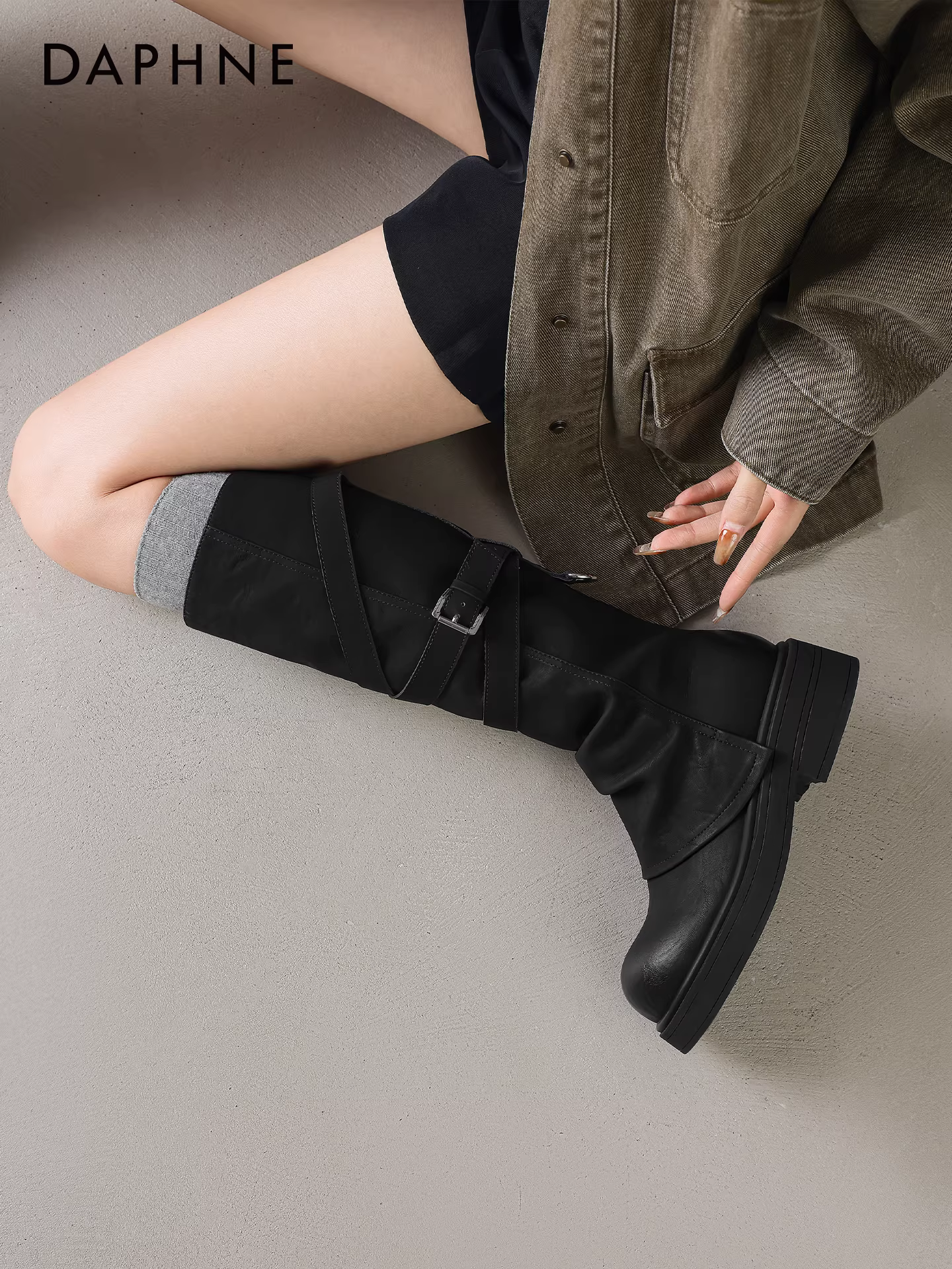 Giày bốt dài lót lông Daphne dành cho nữ, mẫu mới thu đông 2025, kiểu Melard, dáng lười, màu nâu, kiểu cao bồi