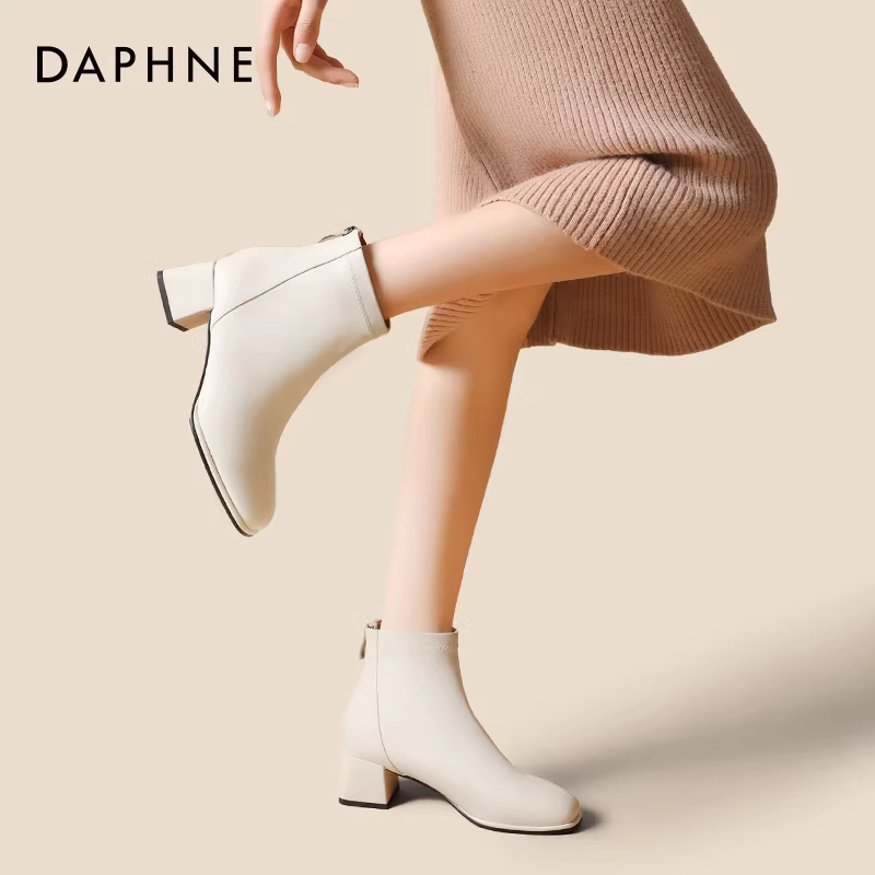 Giày bốt ngắn da thật Daphne dành cho nữ 2024 Giày bốt đơn mùa xuân phổ biến dành cho nữ Giày bốt cổ ngắn phong cách Pháp Giày bốt ngắn màu trắng Giày bốt siêu phổ biến dành cho nữ