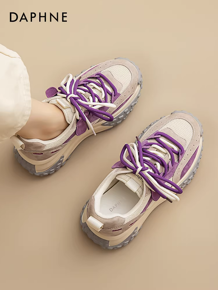 Giày đế dày Daphne dành cho nữ 2025, mẫu mới thu đông, màu tím, giày nữ đế bánh xe, giày đế xuồng, giày thể thao tăng chiều cao
