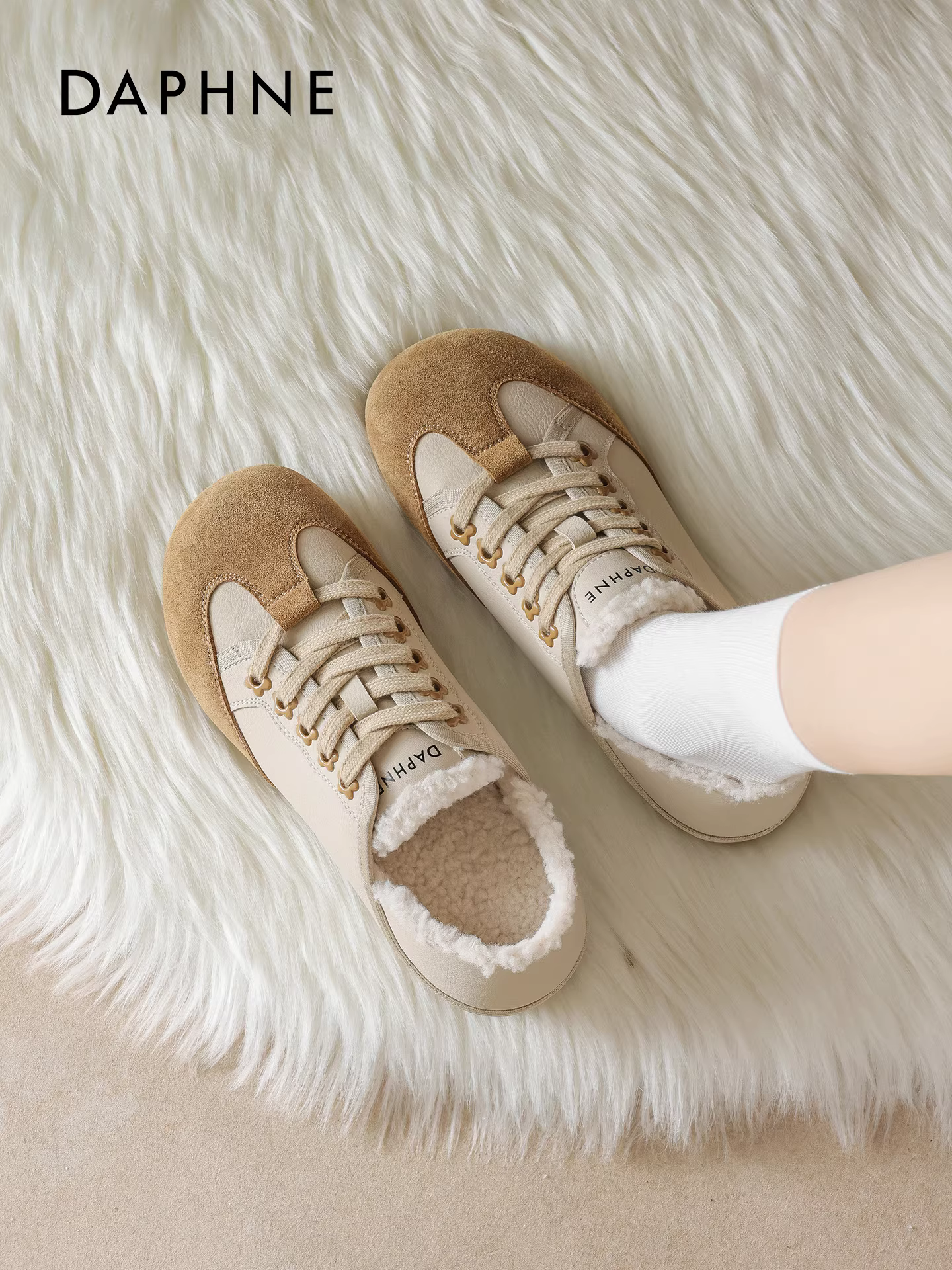 Giày tập múa ba lê Daphne dành cho nữ, mùa đông 2025, kiểu retro mới, giày bệt trắng giản dị, giày cotton lót lông ấm áp