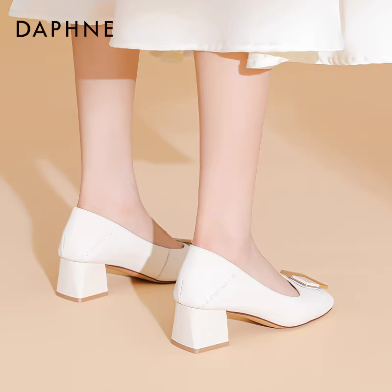 Giày cao gót nữ Daphne da thật mùa thu 2025, kiểu dáng thanh lịch, gót vuông, đế thấp, đi làm, dành cho nữ
