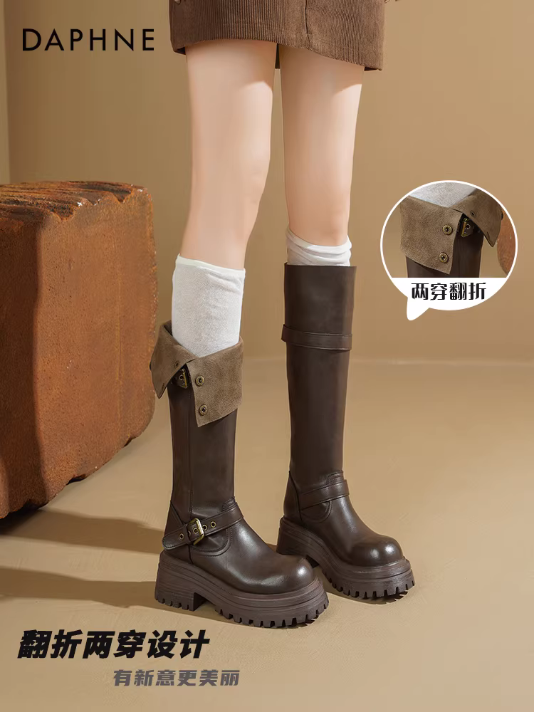 Giày bốt cao cổ Daphne dành cho nữ 2025, mẫu mới thu đông, đế dày, kiểu đi cưỡi ngựa, bốt Melard hai chiều, chiều cao đến giữa bắp chân dành cho nữ
