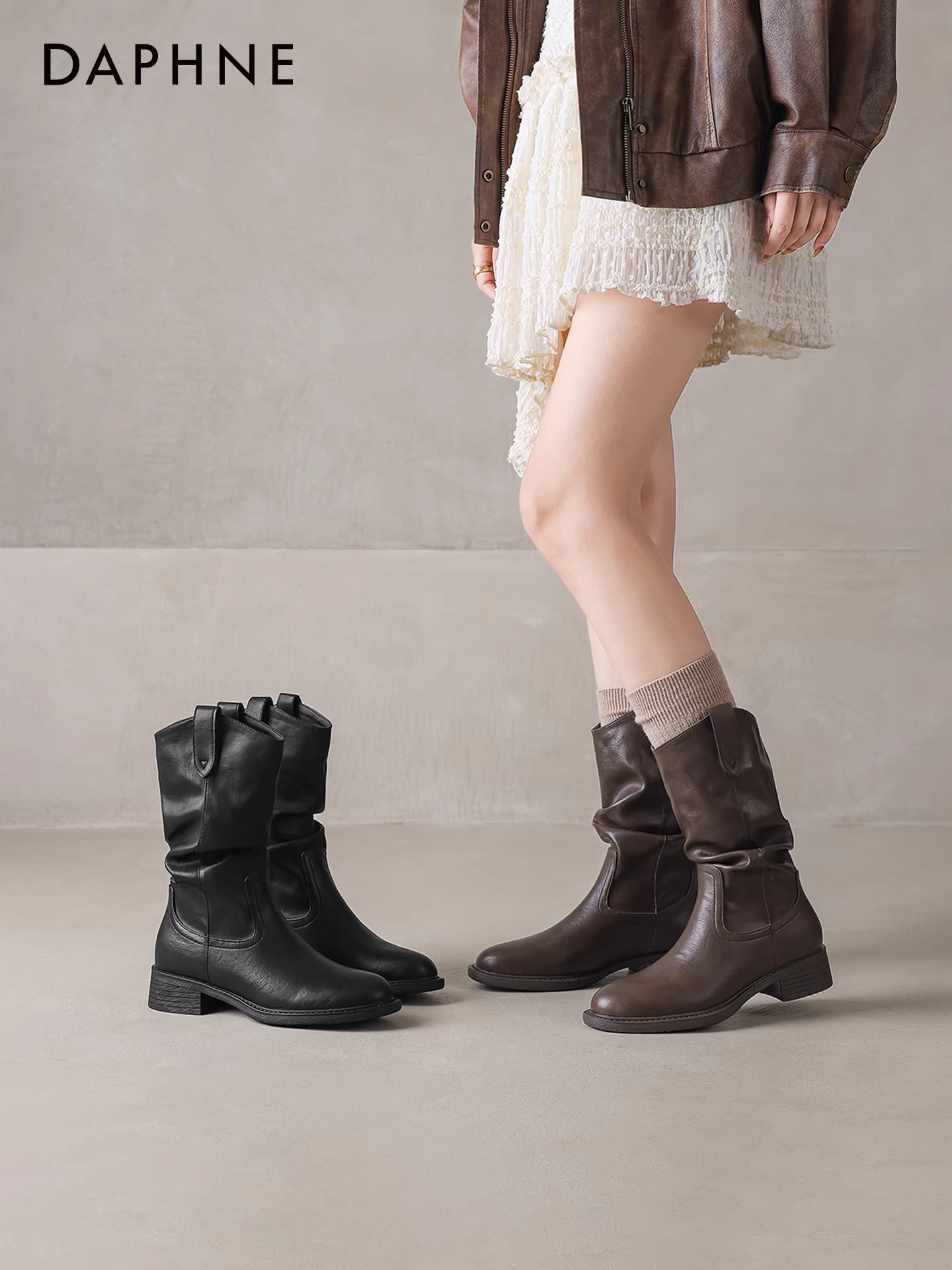 Giày bốt Daphne Maillard nữ 2025, mẫu mới thu đông, kiểu bốt cưỡi ngựa phương Tây, bốt ngắn cổ cao, bốt Martin cao đến giữa bắp chân