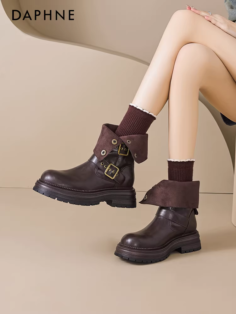 Giày bốt nữ Daphne Meilade Martin mùa đông 2025 kiểu mới, lót lông cừu, bốt ngắn, kiểu cao bồi miền Tây
