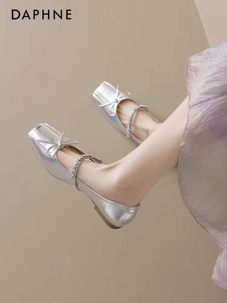 Giày Mary Jane Daphne Silver Ballet dành cho nữ Thu/Đông 2025 kiểu mới đẹp, mũi vuông nông, chất liệu da, giày đơn