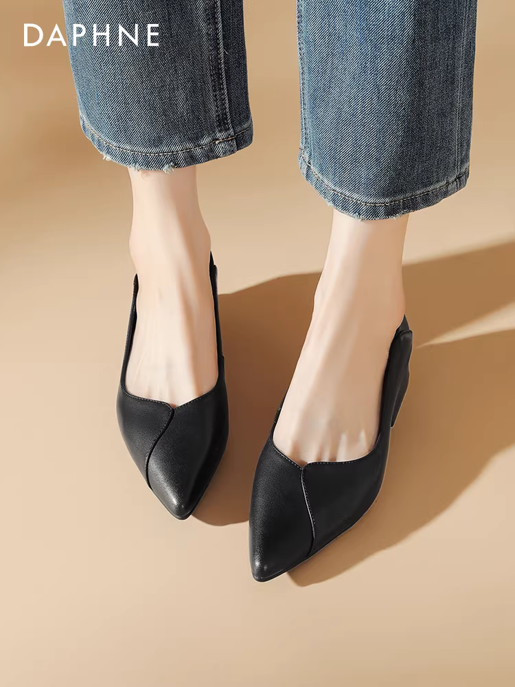 Giày cao gót đế thô Daphne dành cho nữ 2025, giày công sở đế thấp mới, giày da đen, giày phỏng vấn nữ, giày cao gót