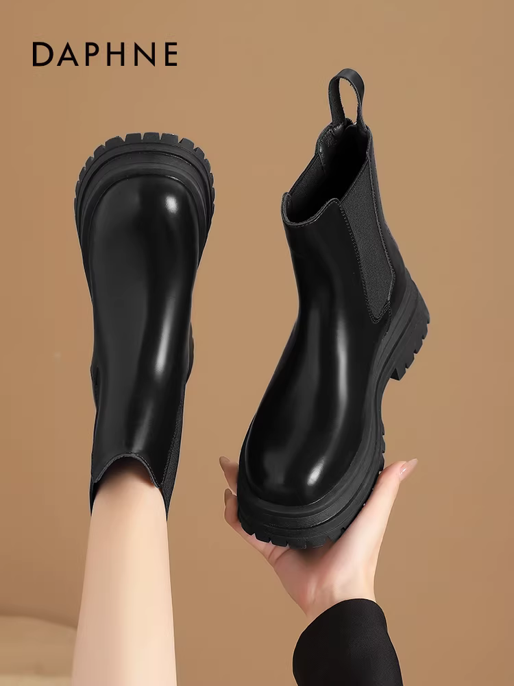 Giày bốt Chelsea Daphne dành cho nữ 2025, mẫu mới mùa thu, đế dày, kiểu ống khói, bốt ngắn ôm dáng, màu đen, kiểu bốt Martin dành cho nữ