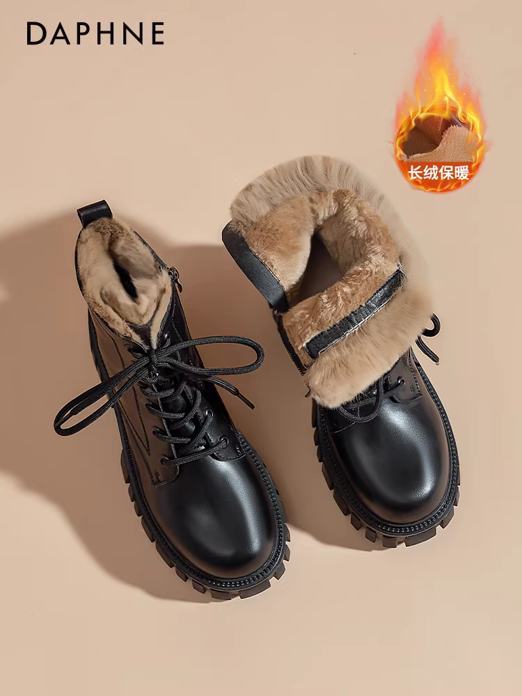 Giày bốt Martin đế dày Daphne dành cho nữ, kiểu dáng phổ biến mùa thu đông, lót lông cừu và giày bốt ngắn dày dặn, giày bốt giữ ấm mùa đông 2025, giày cotton.