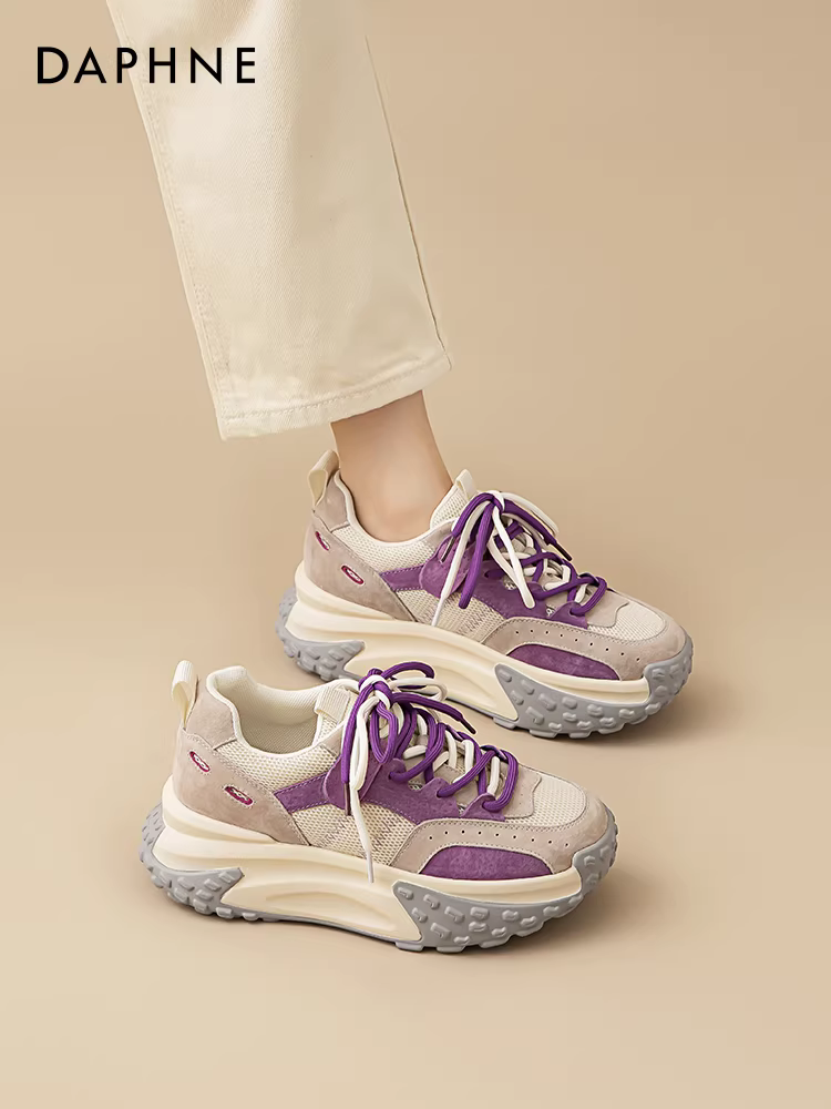 Giày đế dày Daphne dành cho nữ 2025, mẫu mới thu đông, màu tím, giày nữ đế bánh xe, giày đế xuồng, giày thể thao tăng chiều cao