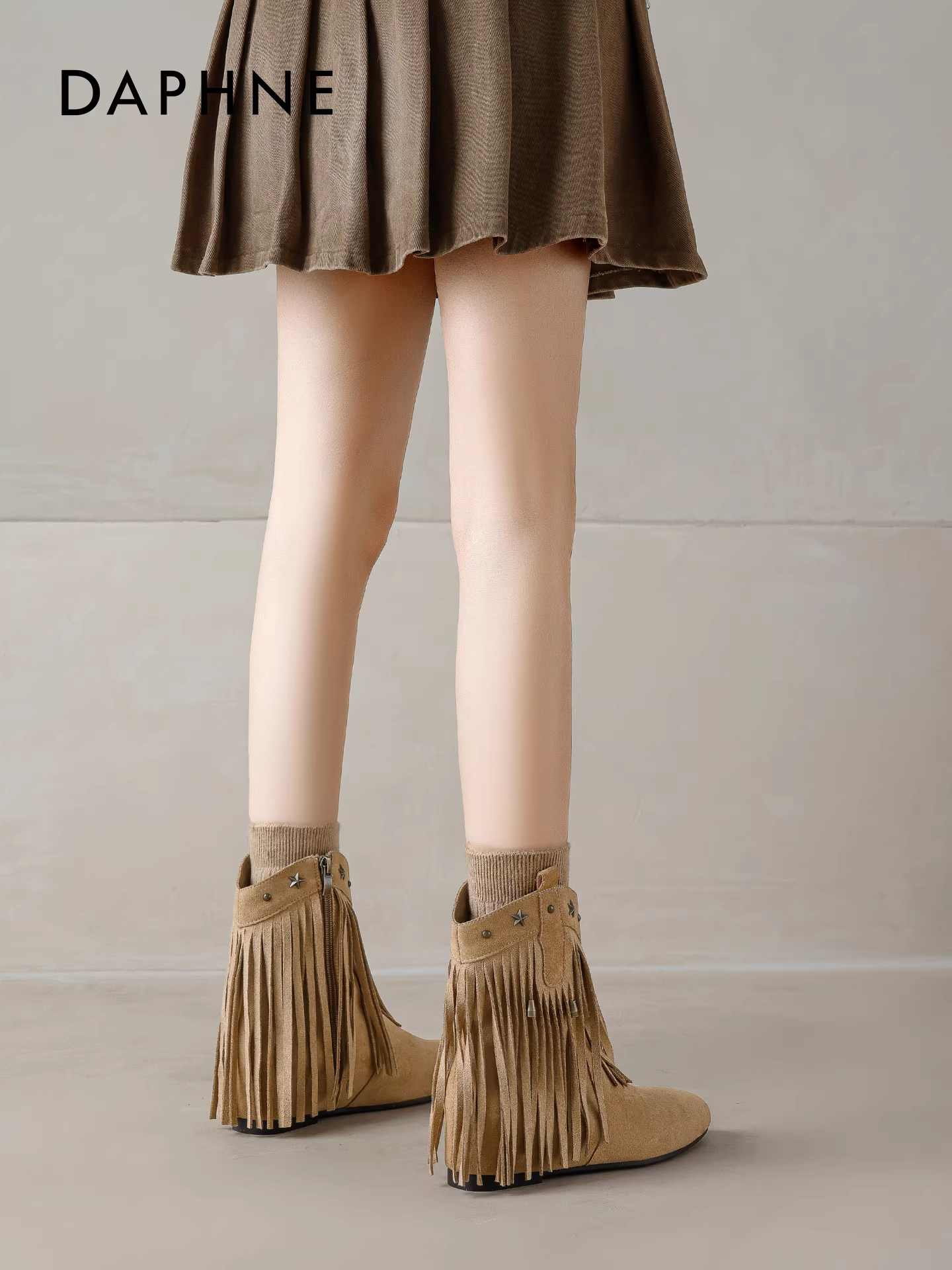 Giày cao gót Daphne Martin 2025 Thu/Đông mới, kiểu dáng cổ điển miền Tây, tăng chiều cao, phối tua rua, kiểu ankle boots