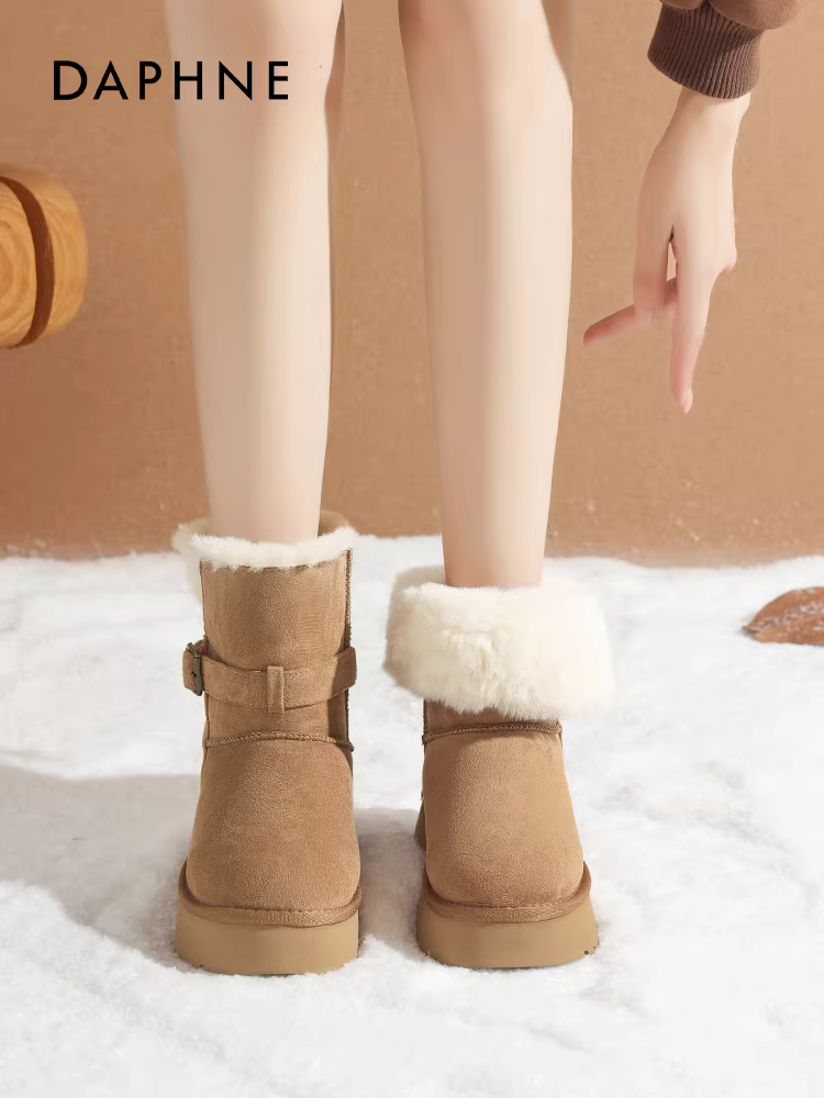 Giày bốt đi tuyết đế dày Daphne dành cho nữ, giày mùa đông, giày nữ, bốt cotton mới 2025, bốt ngắn lót lông cừu, giày cotton ấm áp.