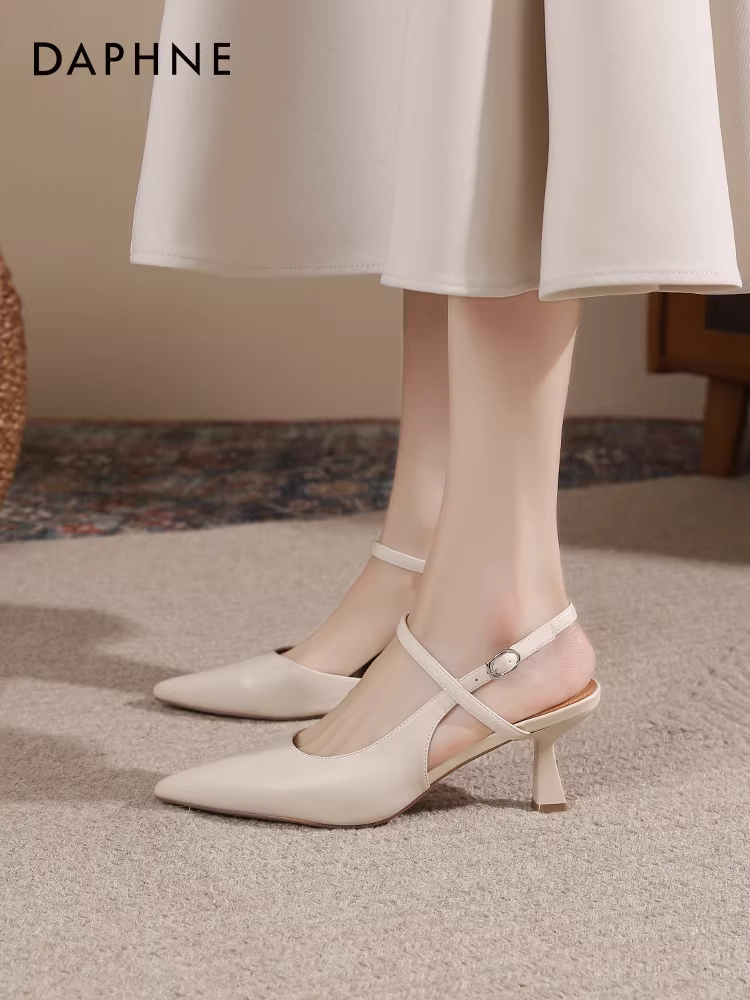 Giày cao gót mũi kín Daphne dành cho nữ 2025, giày cao gót mới mùa hè màu trắng kiểu Pháp mũi nhọn dành cho nữ