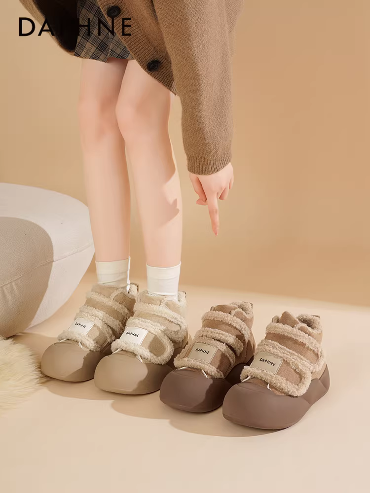 Giày bốt tuyết đế dày Daphne dành cho nữ 2025, giày cao cổ mùa đông mới lót lông, giày trắng, giày lông thú, giày bông ấm áp