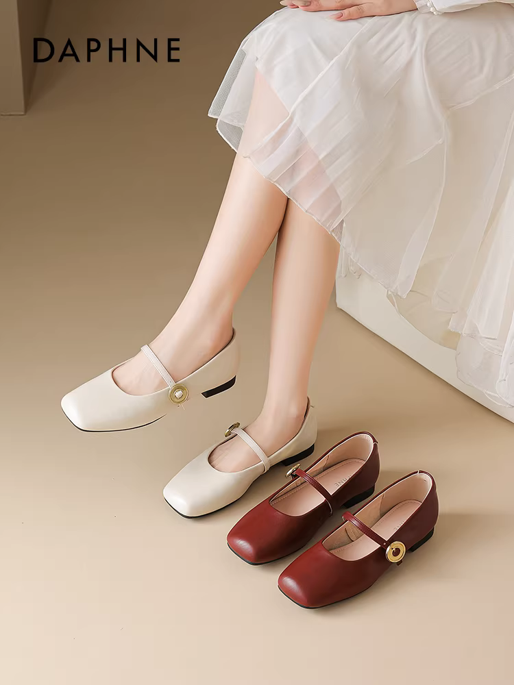 Giày Mary Jane đỏ Daphne dành cho nữ 2025, da thật, kiểu cổ điển, mũi vuông, giày ballet, giày cưới, phối cùng váy, giày đơn nhỏ.