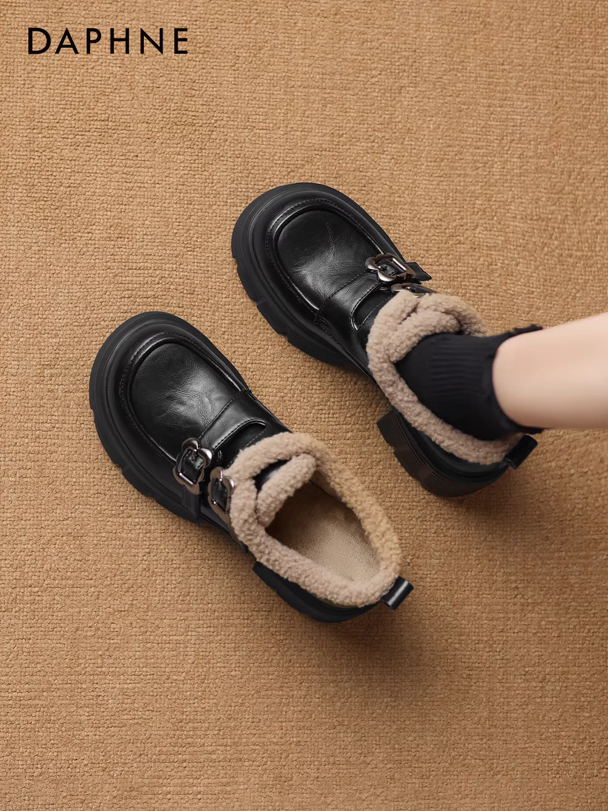 Giày lười lót lông dày Daphne dành cho nữ, kiểu dáng thu đông 2025, giày bông lông mềm, ủng mùa đông, giày da nhỏ