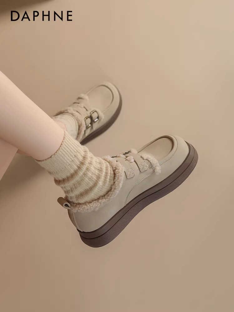 Giày bốt đi tuyết lót lông cừu Daphne dành cho nữ, giày cotton mới mùa đông 2025, giày lười đế dày kiểu Birkenstock mùa thu đông.