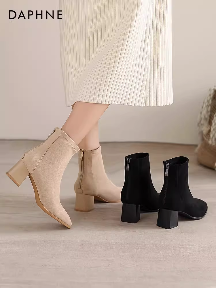 Giày bốt cổ ngắn cao gót da lộn Daphne dành cho nữ, bốt nữ đa năng thời trang thu đông, bốt gót dày dáng thon, bốt Martin, bốt tất nữ.