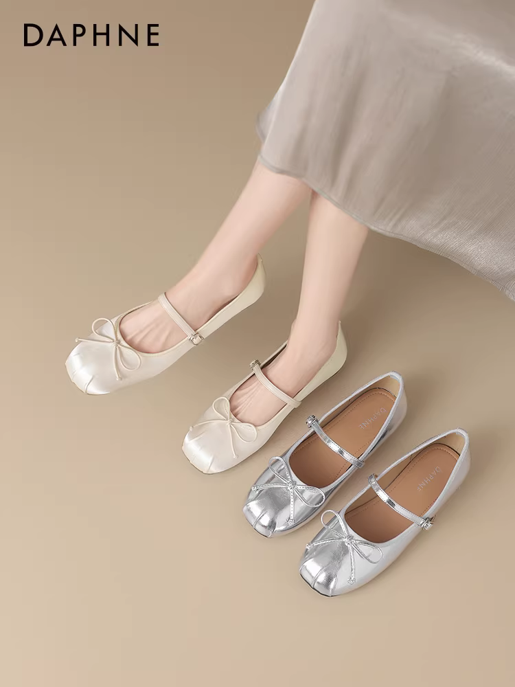 Giày bệt nữ Daphne bạc mùa thu 2025 kiểu Pháp mới, giày bệt da nhỏ, giày Mary Jane, giày ba lê