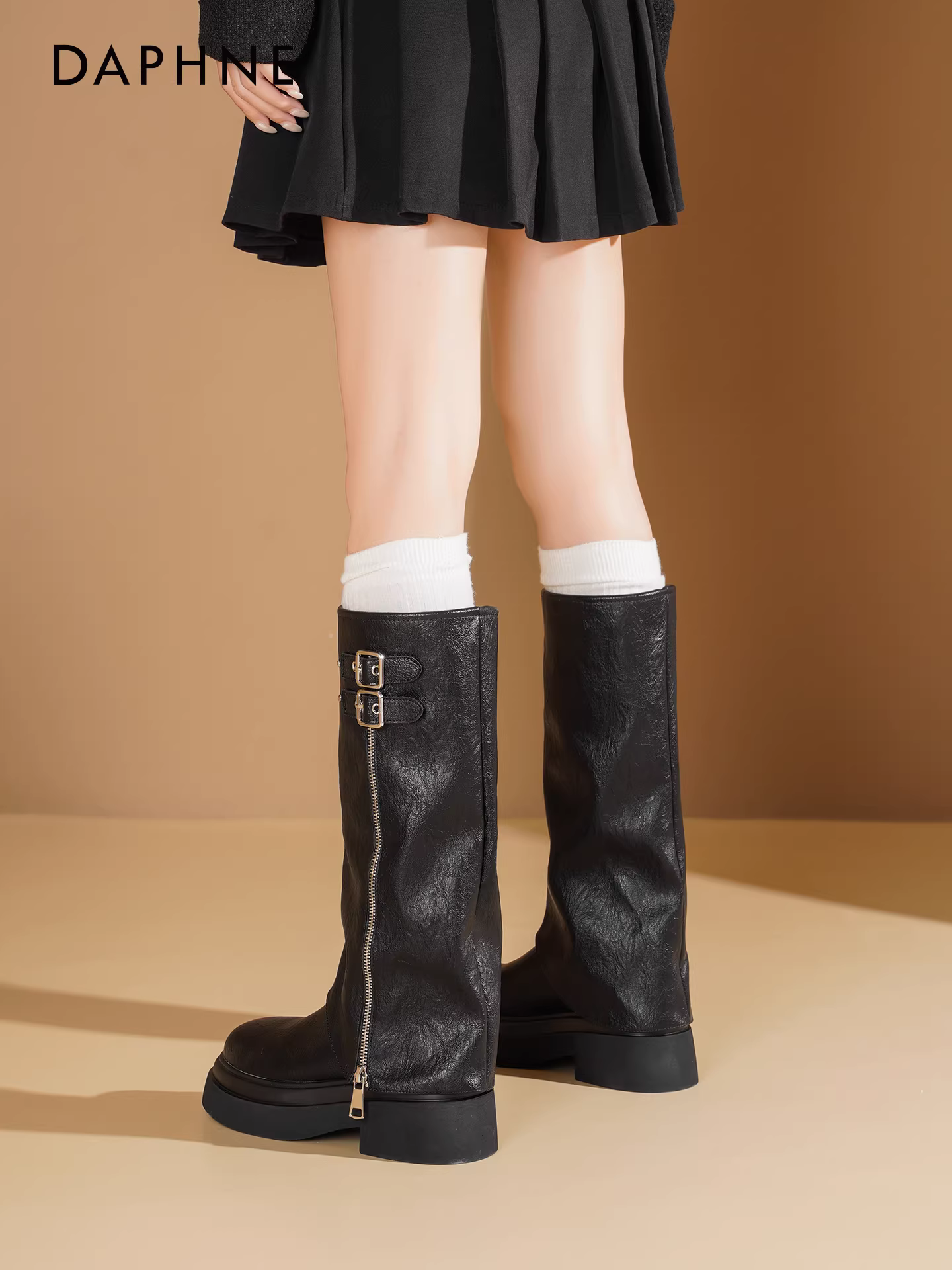 Giày bốt nữ Daphne Maillard cao cổ mùa thu mới 2025, kiểu platform, kiểu hiệp sĩ, cao trung bình, kiểu quần ống rộng