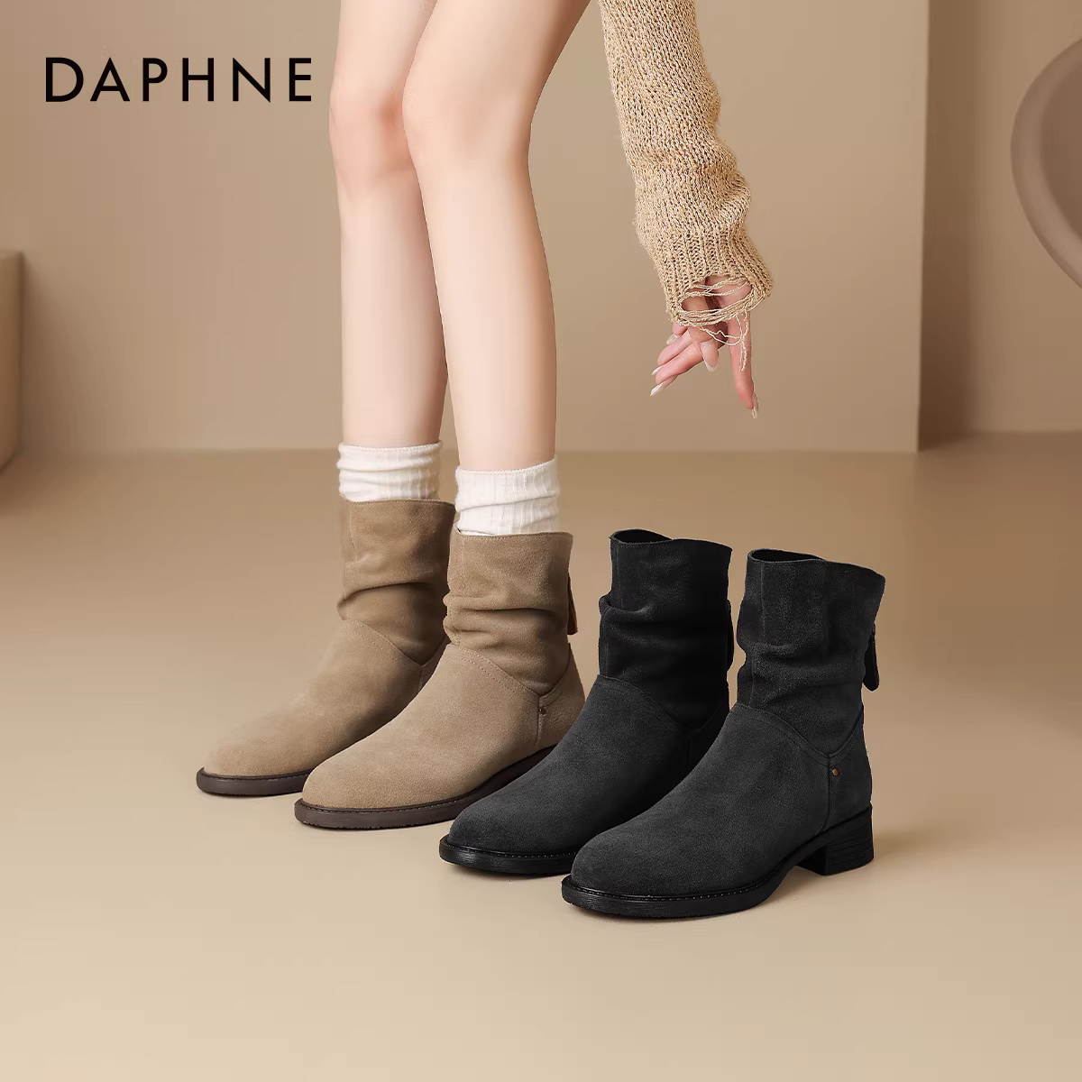 Giày bốt ngắn Daphne Meilade dành cho nữ, kiểu mới xuân thu 2025, bốt đơn, bốt cao gót thấp, bốt ôm dáng, bốt Martin.