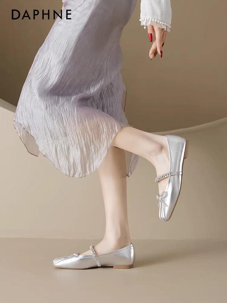 Giày Mary Jane Daphne Silver Ballet dành cho nữ Thu/Đông 2025 kiểu mới đẹp, mũi vuông nông, chất liệu da, giày đơn